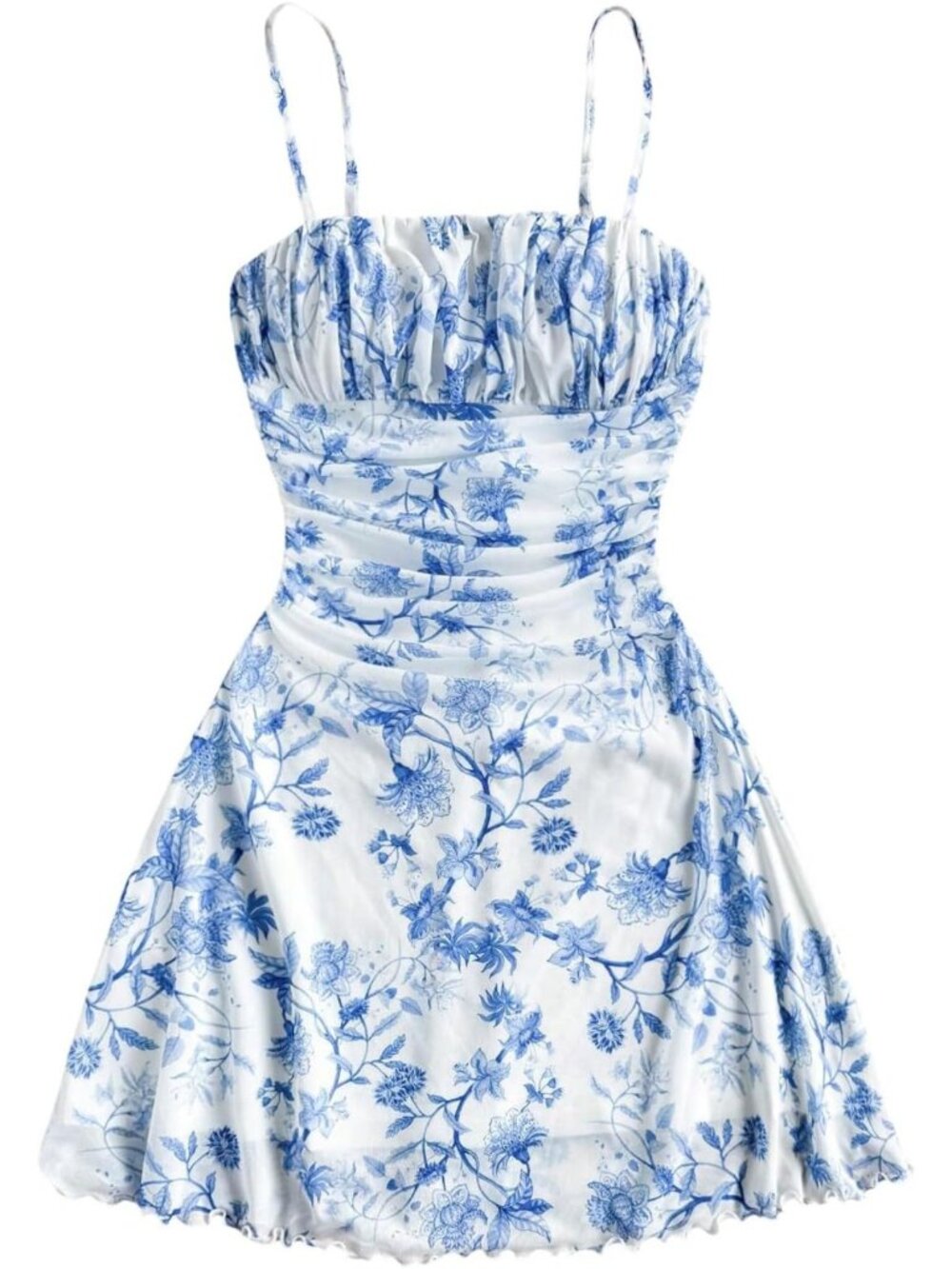 Floral Print Ruched Cami Dress with Ruffle Hem & Mesh - Cute Mini Dress for